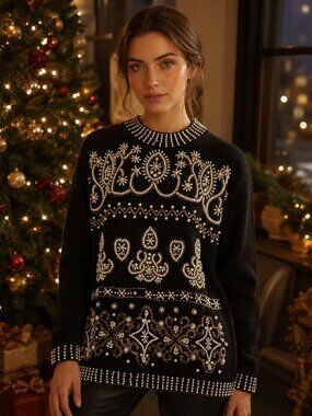 VINTAGE 1980s Margules Beaded Pearl Sweater S Oversized Holiday Christmas Glam